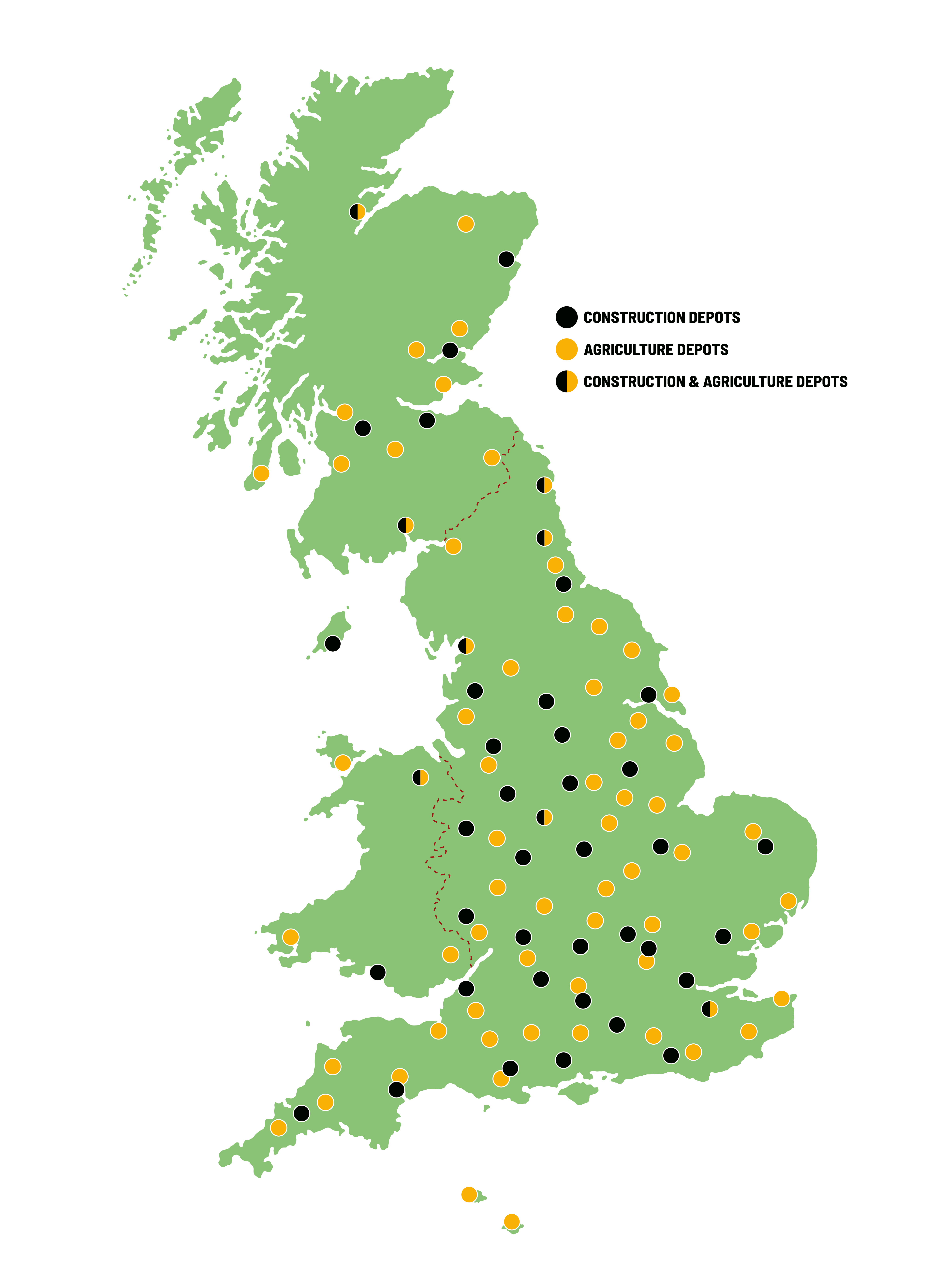 Map of the UK showing locations of JCB construction and agriculture depots.