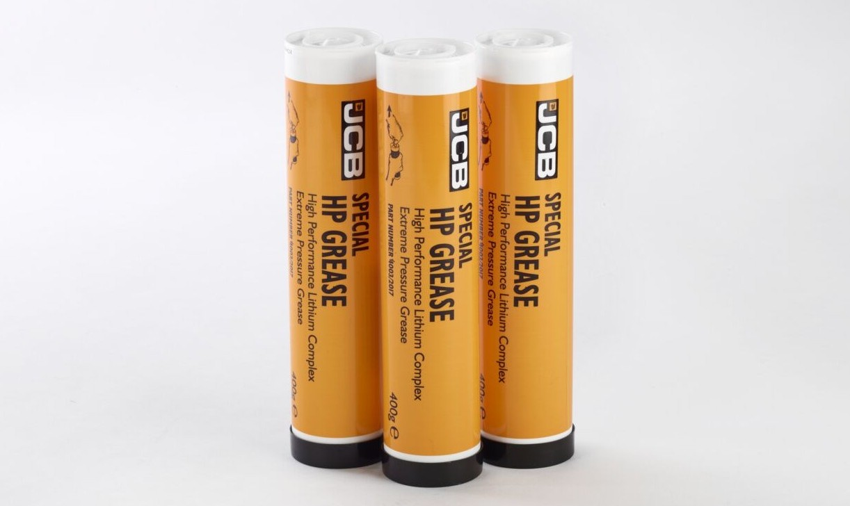 Three JCB Special HP Grease cartridges standing upright on a white background