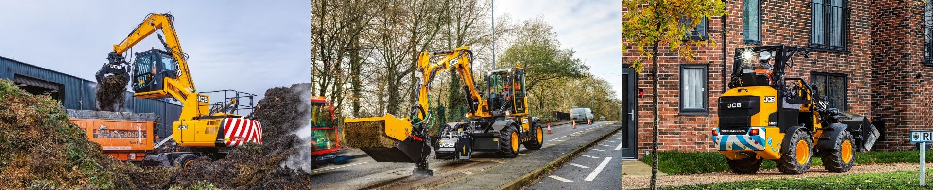 Three images showing JCB excavators and a compact loader working on waste handling, roadworks, and urban construction sites.